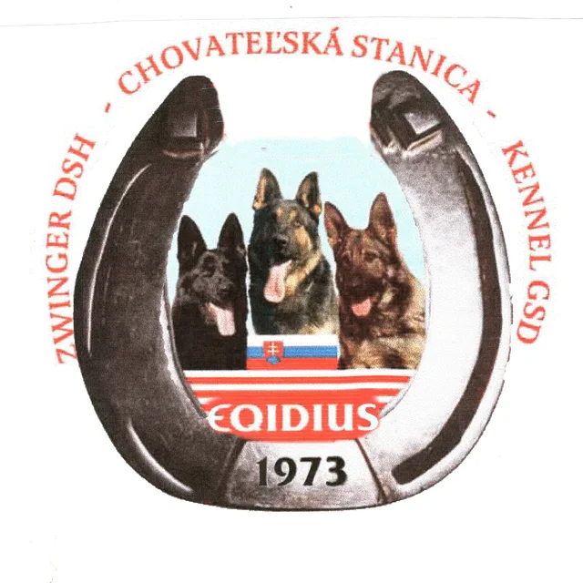 The Eqidius kennel emblem: three German Shepherds in a horseshoe, 1973